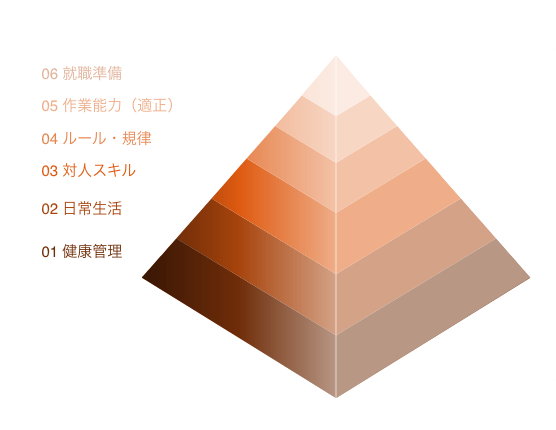 06 就職準備 / 05 作業能力(適正) / 04 ルール・規律 / 03 対人スキル / 02 日常生活 / 01 健康管理