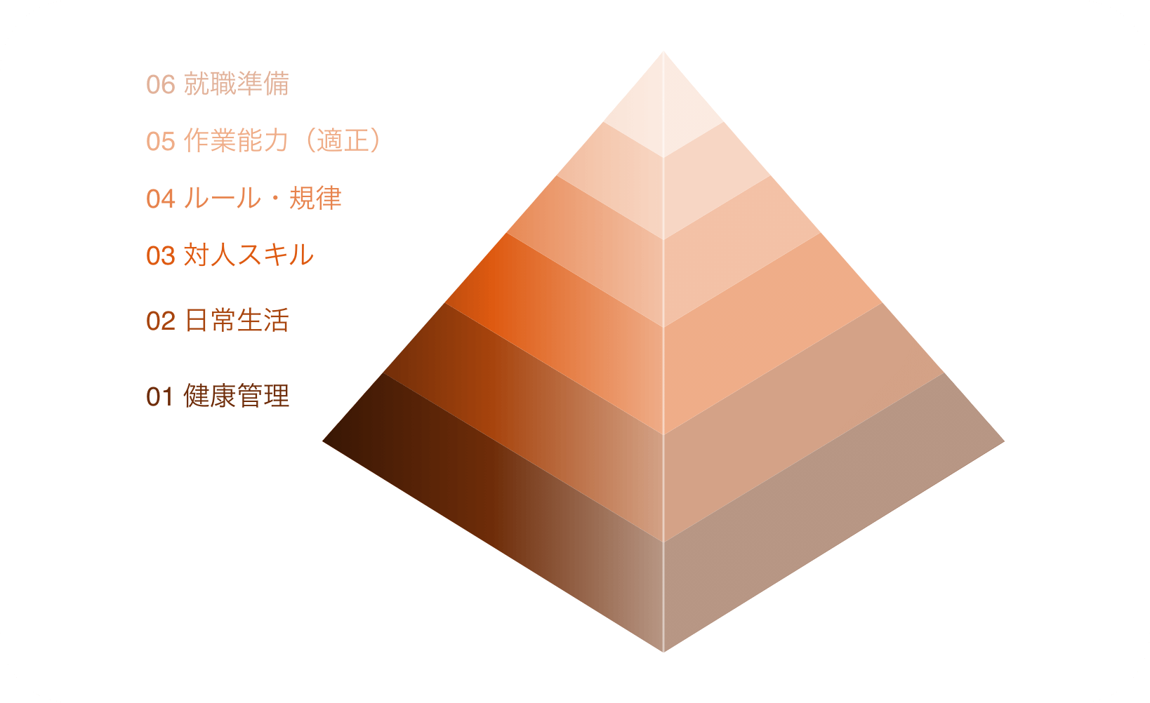 06 就職準備 / 05 作業能力(適正) / 04 ルール・規律 / 03 対人スキル / 02 日常生活 / 01 健康管理