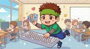 無料タイピングゲーム4つを紹介している支援員のイラスト