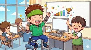 タイピング練習で高得点を叩き出した利用者と一緒に喜ぶ支援員のイラスト