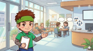 CONNECT新大阪のSST体験会を紹介する支援員のイラスト