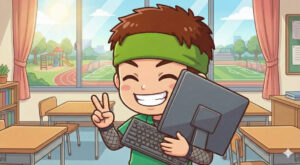 「タイピングは楽しいよ」と利用者の皆さんに説いている支援員のイラスト